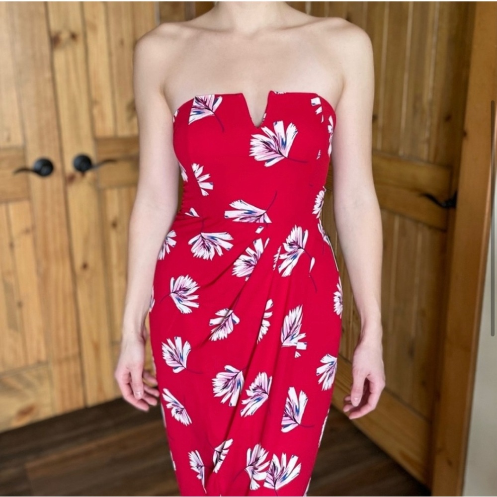 Express strapless red midi tropical dress